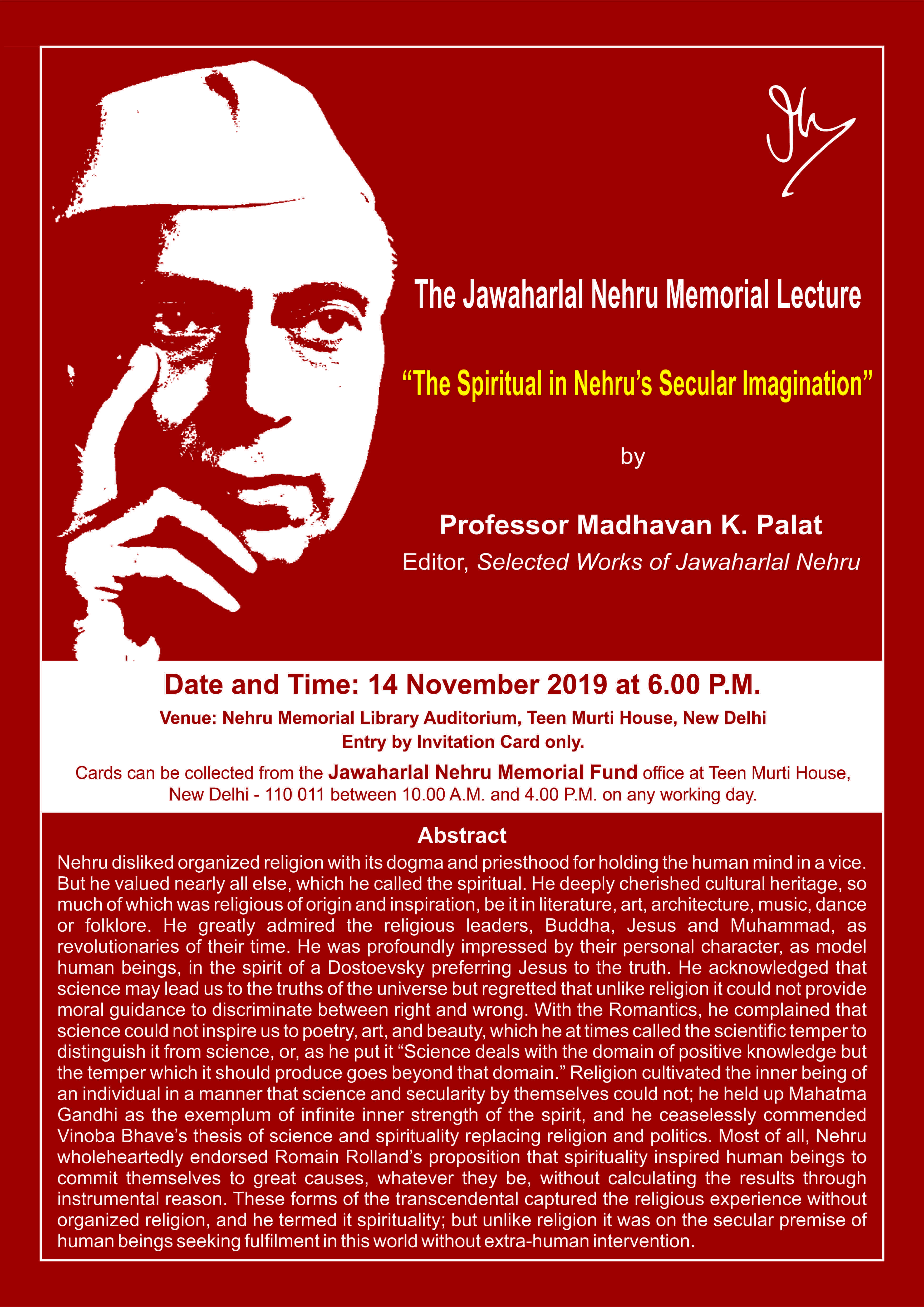 Invitation to Jawahar Lal Memorial Lecture